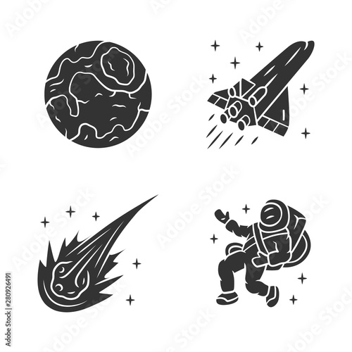 Astronomy glyph icons set. Space exploration. Earth, spaceship, comet, astronaut. Astrophysics. Galaxy research. Interstellar travel. Cosmic mission. Silhouette symbols. Vector isolated illustration
