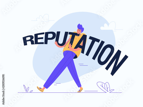 Young man carrying heavy reputation word