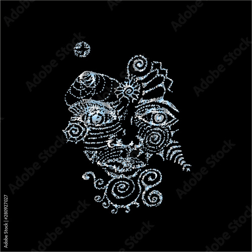 Color illustration with the face of the Shamna, the spirit of the forest in the style of domatok. Pattern, ornament.