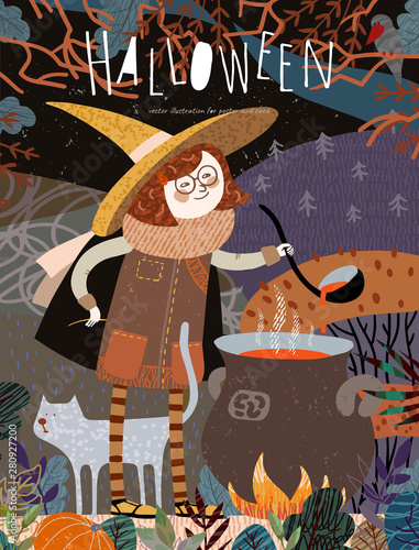 Halloween! Vector illustration of a cute girl witch in a cap who cooks a potion on a campfire in a fabulous autumn forest. Freehand drawing of a character for a poster, card or cover.