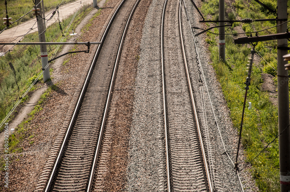 railway top view with stone and green plant beside railway, abstract background railway top view with stone and green plant beside railway, abstract background