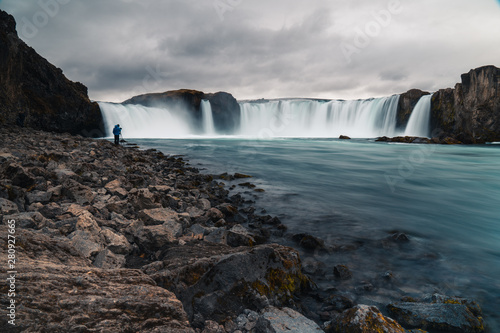 Godafoss waterfall Icleand. Beautiful huge waterfall in north Iceland. View from stone shore. 