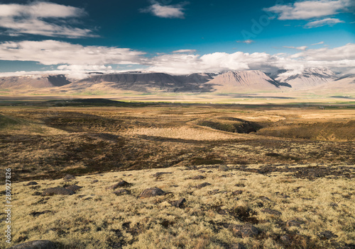 Beautiful icelandic landscape. Mountain range near Svanavatn lake. Northern Iceland. 