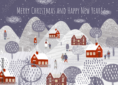  Vector illustration of a winter natural landscape with mountains, houses, people in winter clothes, trees and Christmas trees. Background for banner, poster or card