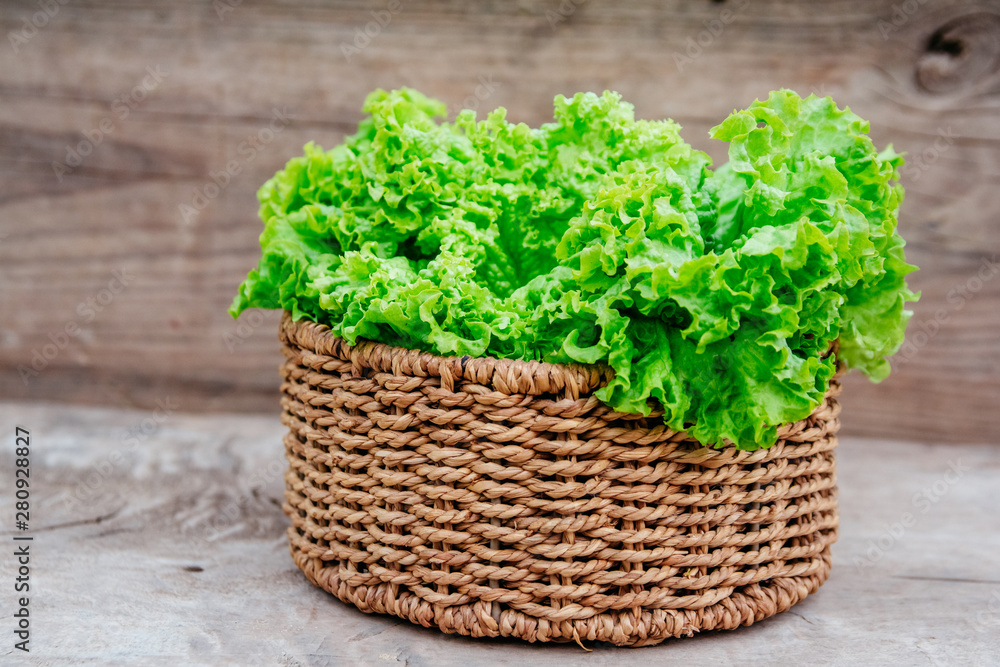Close up of green leaves of kale in a wicker basket on a wooden background Close up of green leaves of kale in a wicker basket on a wooden background