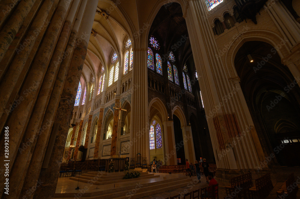 Chartres, France - Jul 2019: Interior of the Cathedral of Notre Dame
