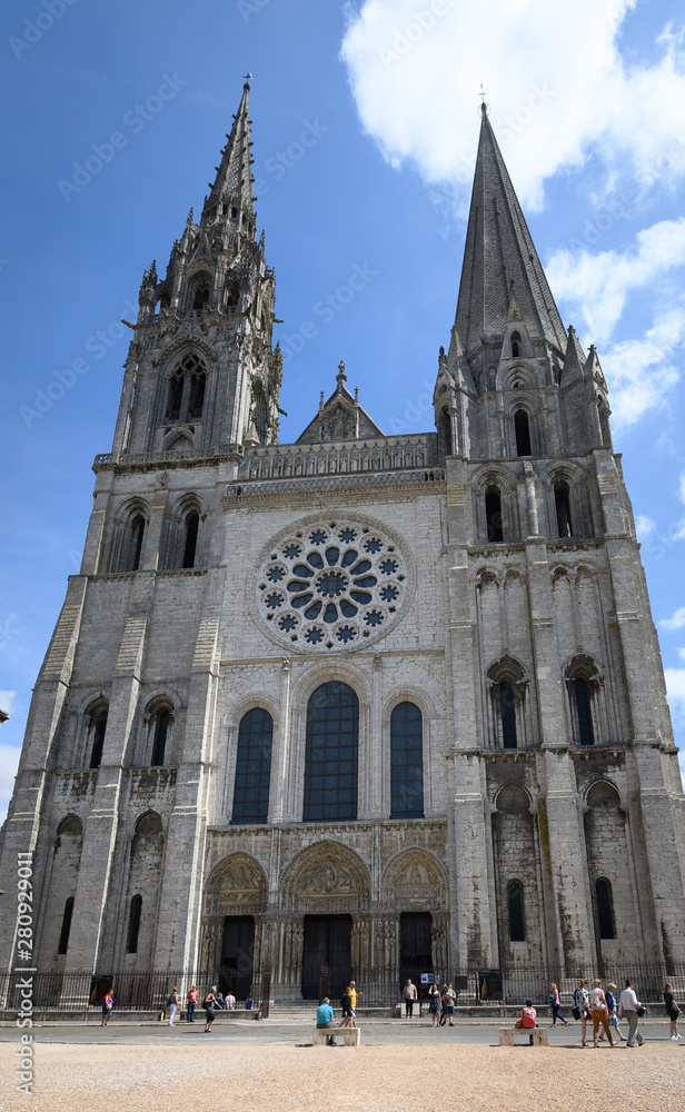Chartres, France - Jul 2019: Exterior of the Cathedral of Notre Dame