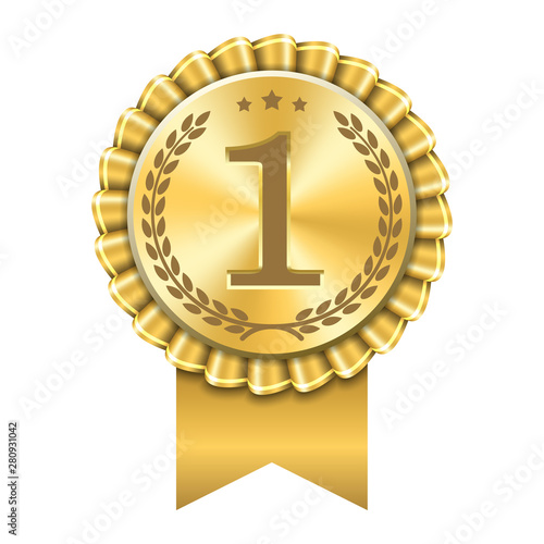 Award ribbon gold icon number first. Design winner golden medal 1 prize. Symbol best trophy, 1st success champion, one sport competition honor, achievement leadership, victory. Vector illustration
