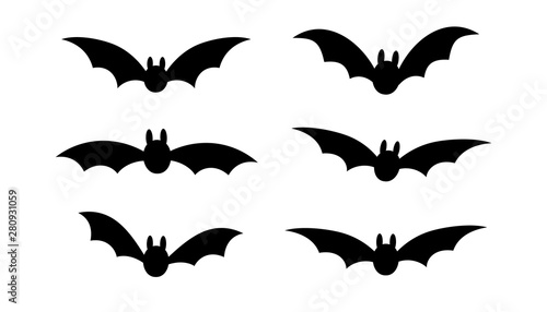 Bats icon set. Bat black silhouette with wings isolated white background. Symbol Halloween holiday, mystery cartoon dark vampire, night flyin element. Spooky scary flat design. Vector illustration