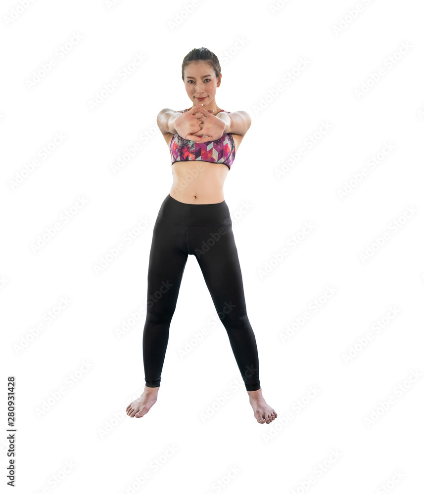 Women are stretching their arms to warm up before exercise isolated on white background with clipping path Women are stretching their arms to warm up before exercise isolated on white background with clipping path