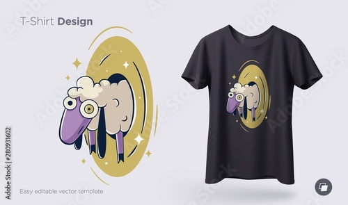 Stylish sheep in a portal. Prints on T-shirts, sweatshirts, cases for mobile phones, souvenirs. Isolated vector illustration on white background.