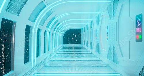 3d rendering. The fantastic corridor of the space station or the futuristic interior of the space ship in light blue neon lighting. Graphic illustration.