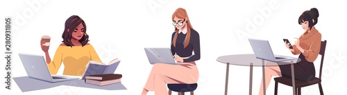 Set of Young Women at Work. Girls Using Laptops Working And Drinking Coffee. Girl Browsing Internet, Chatting, Blogging. Online education concept