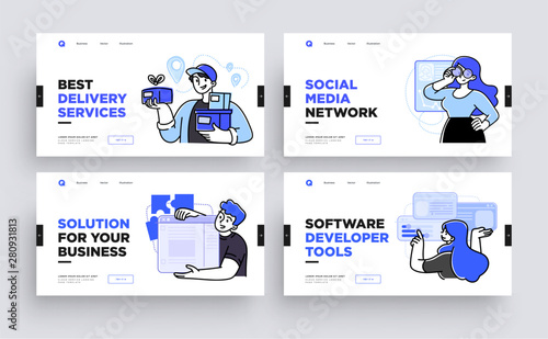 Set of Presentation slide templates or landing page websites design. Business concept illustrations. Modern flat outline style.