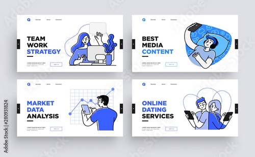 Set of Presentation slide templates or landing page websites design. Business concept illustrations. Modern flat outline style.
