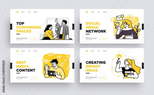 Set of Presentation slide templates or landing page websites design. Business concept illustrations. Modern flat outline style.