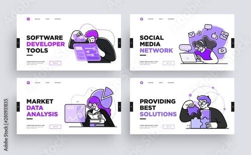 Set of Presentation slide templates or landing page websites design. Business concept illustrations. Modern flat outline style.