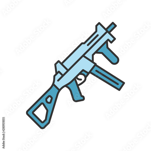 HK UMP weapon color icon. Virtual video game firearm, gun. Shooter game rifle, blaster. Kids toy. Cybersport, esport sniper military inventory, equipment. Isolated vector illustration