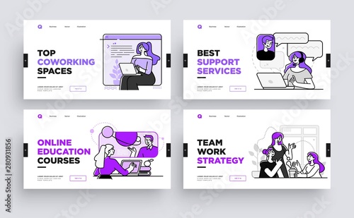 Set of Presentation slide templates or landing page websites design. Business concept illustrations. Modern flat outline style.