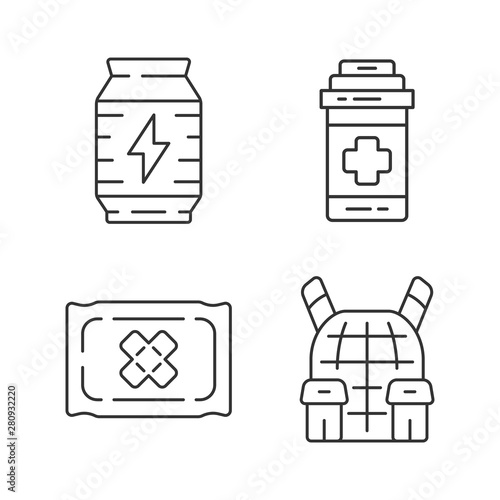 Online game inventory linear icons set. Video game. Shooter from first person. Online multiplayer battle royale. Thin line contour symbols. Isolated vector outline illustrations. Editable stroke
