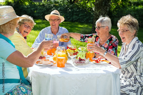Happy elderly people sitting around the table picnicking.