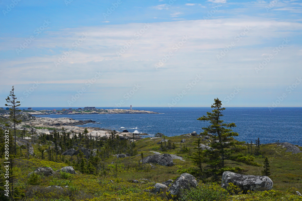 Nova Scotia coastline with Peggy's Cove lighthouse in the background