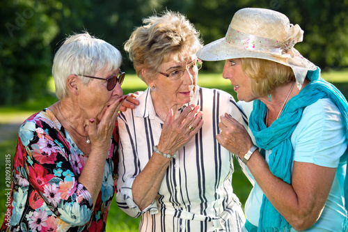 Fotografi Three elderly women sharing secrets.