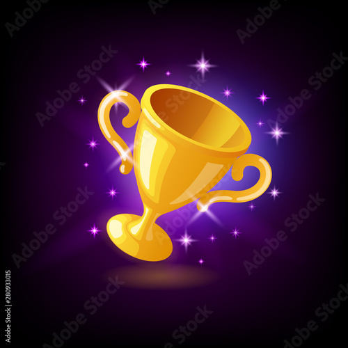 Gold champion trophy cup, goblet with sparkles, slot icon on dark purple background, casino concept, vector illustration.