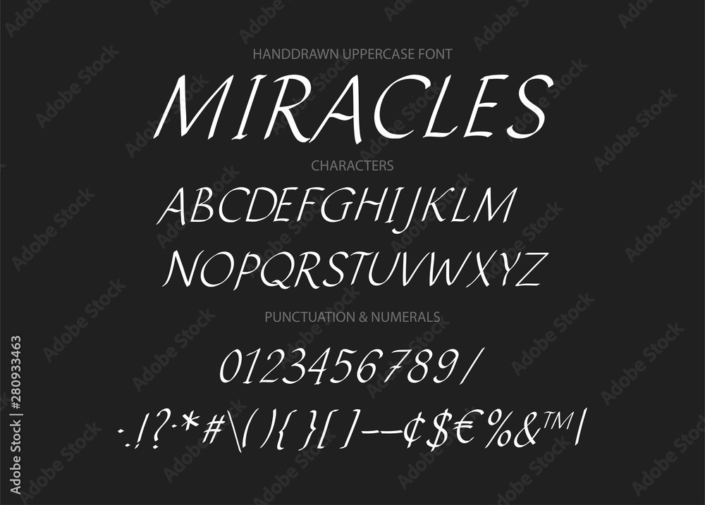 Fototapeta premium Ręcznie rysowane wektor kursywą wielkie litery alfabetu ABC z liter, cyfr, symboli. Do kaligrafii, napisów, ręcznie robionych cytatów.