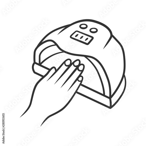 Nail dryer linear icon. UV, LED, hybrid lamp. Gel polish drying. Beauty device for salon and home use. Thin line illustration. Contour symbol. Vector isolated outline drawing. Editable stroke