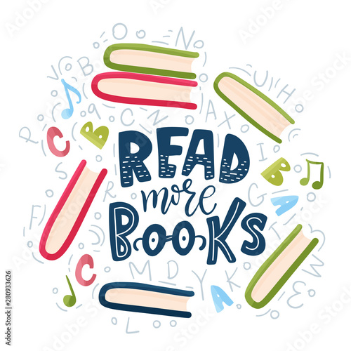 Vector school card with flat and doodle illustrations and hand drawn lettering quote. Back to school. Read more books cute postcard.