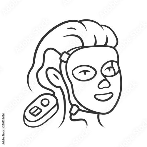 Therapy facial mask linear icon. Beauty device for home use. LED light therapy. Cosmetology instrument. Thin line illustration. Contour symbol. Vector isolated outline drawing. Editable stroke