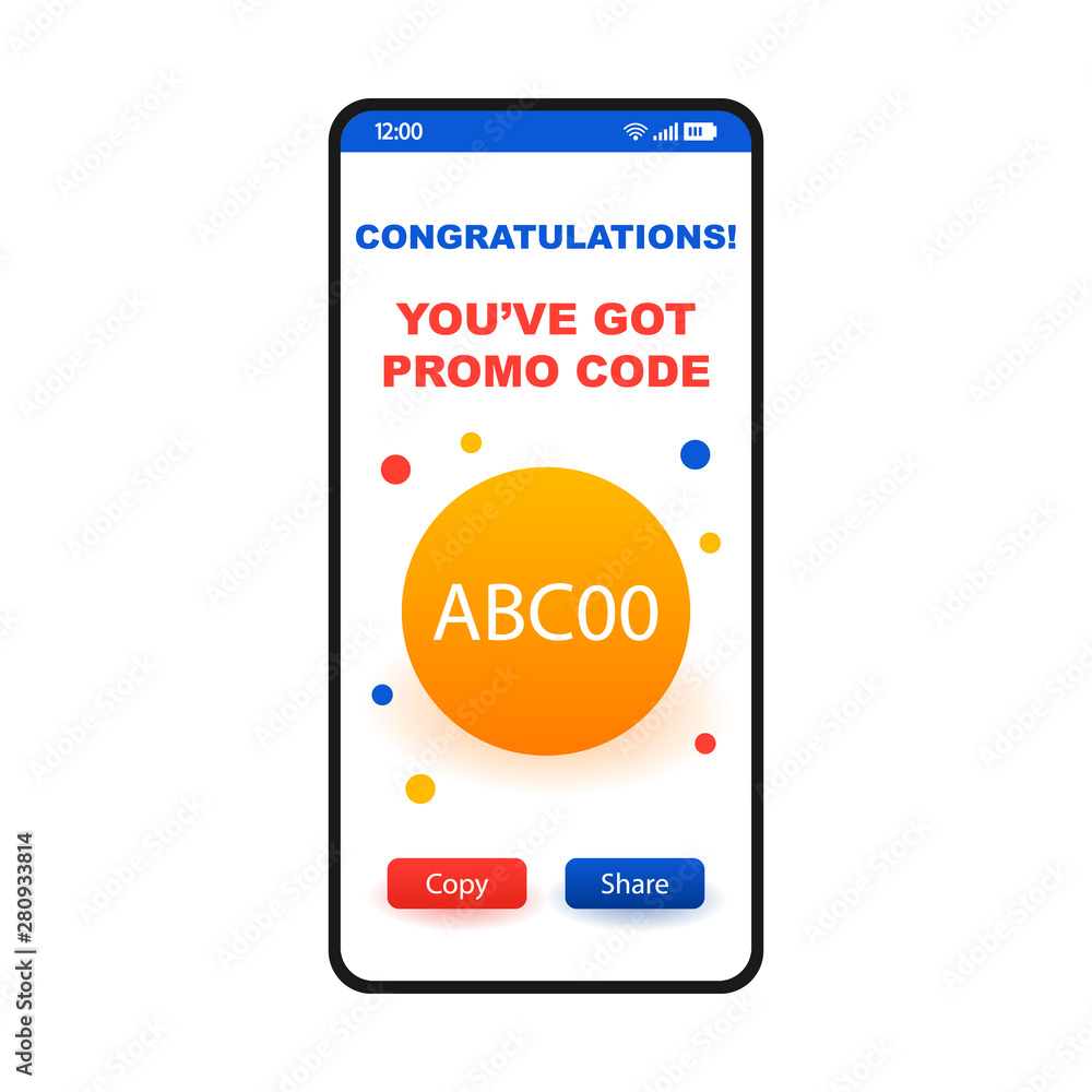 Vettoriale Stock Getting promo code page smartphone interface template. Win  discount, special offer, gift card mobile app design layout. Coupon code  application flat UI. Ecoupon, digital vaucher screen. Phone display | Adobe