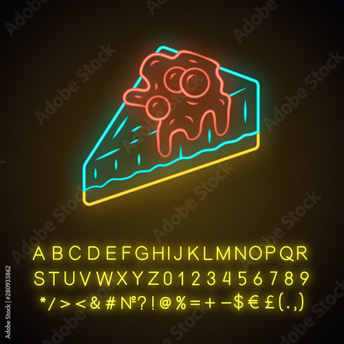 Cheesecake neon light icon. Cake with berries. Bakery shop, confectionery. Sweet dessert. Fruit glazed cheesecake slice. Glowing sign with alphabet, numbers and symbols. Vector isolated illustration