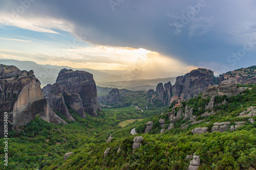 Sunset light over Meteora Monasteries, Greece