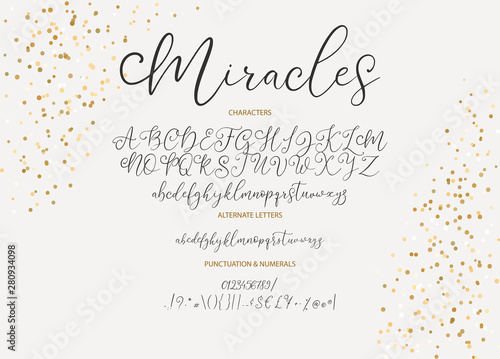 Hand drawn vector alphabet ABC font with letters, numbers, symbols. For calligraphy, lettering, hand made quotes.