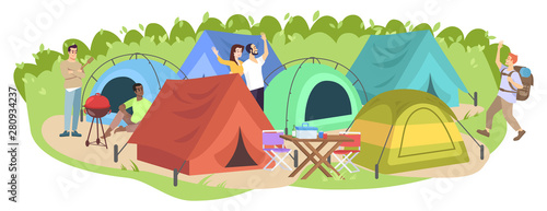 Camping festival flat vector illustration. Happy campers, tourists cartoon characters. Summer holiday leisure, seasonal outdoor picnic. Tent park, campground in forest isolated on white background
