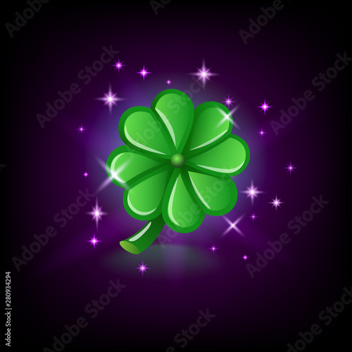 Green four-leaf clover with sparkles, luck symbol, slot icon for online casino or logo for mobile game on dark background, vector illustration.
