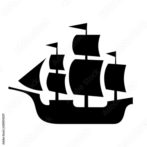 Ancient sailboat, medieval caravel, pirate ship, navigate vessel (vector silhouette).