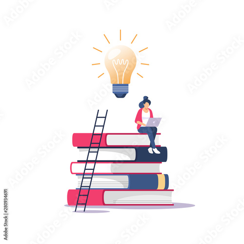Person gains knowledge for success and better ideas. Education, online courses and business, distance education, online books and study guides, exam preparation, home schooling, vector illustration.