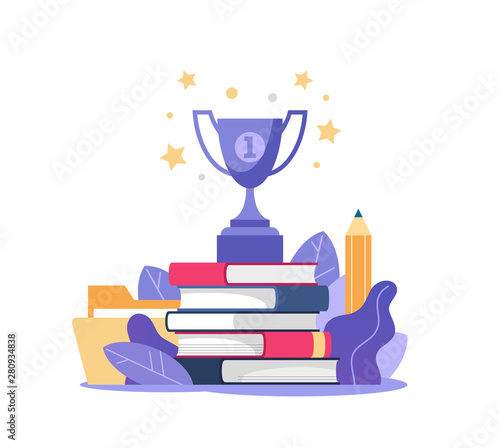 Stack of books and winner cup on top. Education, online courses and business, distance education, online books and study guides, exam preparation, home schooling, vector illustration.