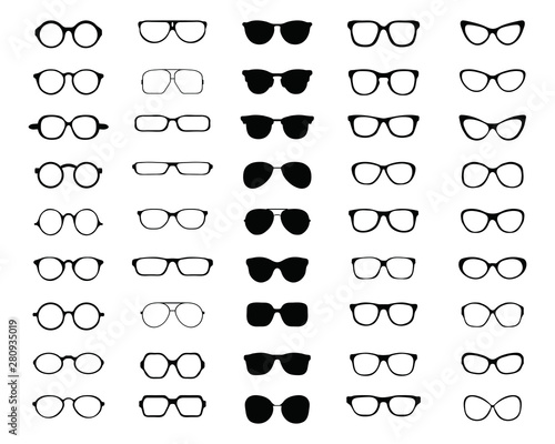 Black silhouettes of different  eyeglasses on a white background