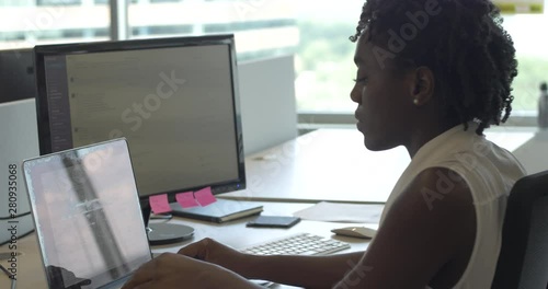 Woman Using Slack App To Message Employees And Coworkers At Company