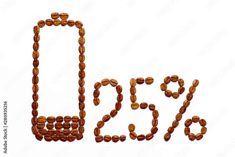 Battery charge 25% of coffee beans on a white background. Battery charge 25% of coffee beans on a white background.