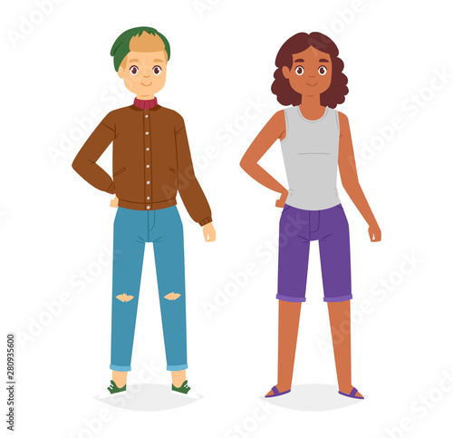 Man look fashion character clothing vector boy cartoon dress up clothes with fashion pants or shoes illustration boyish men or boy T-short isolated on white background