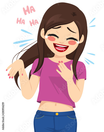Young woman in tears crying laughing out loud and gesturing