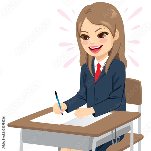 Young student girl in school uniform happy doing an easy exam sitting on desk writing