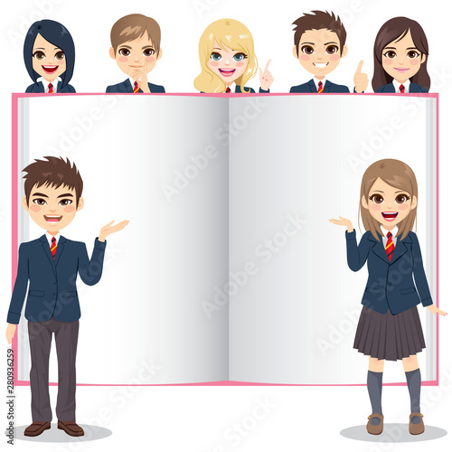 Group of young school students presenting huge white blank open book
