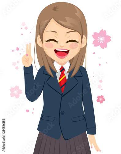Young happy student girl wearing blue school uniform making victory sign with uniform and sakura flowers