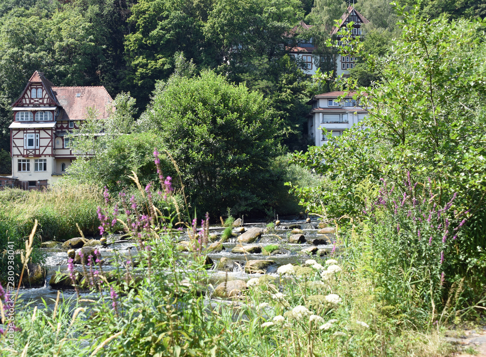 Εκτύπωση καμβά View across the river Lahn to traditional architecture in Marburg, Germany